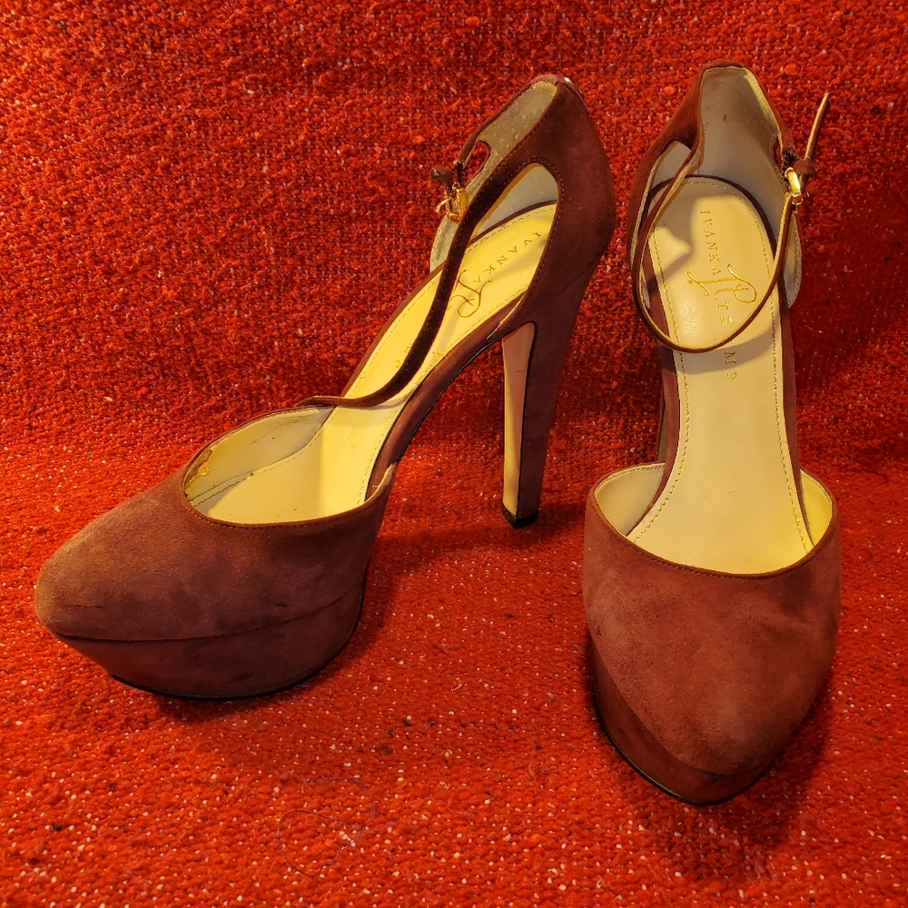 Ivanka Trump faux suede Burgundy D'Orsay ankle strap stiletto pump.